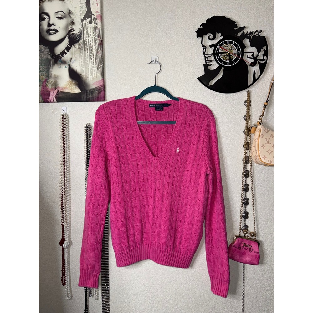 Ralph Lauren Sport Pink Cable Knit V-Neck Cotton Sweater XL RN 41381
